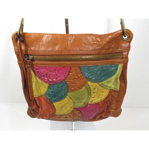 Vtg Fossil Colorful Patchwork Camel Brown Leather Crossbody Shoulder Bag KEY